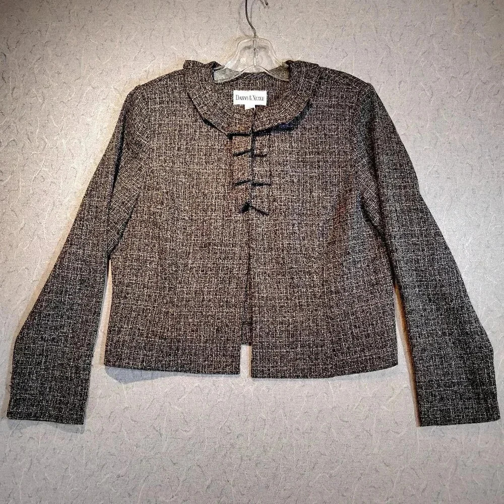 Danny & Nicole Brown Tweed  Long Sleeve Ruffled Collar Blazer Jacket Size 14